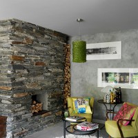 Finished interior stone fireplace
